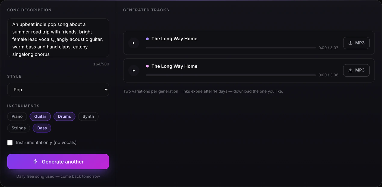 The AI Music Generator form: a description typed into the prompt box, the Lo-Fi style preset, instrument chips and the purple Generate music button