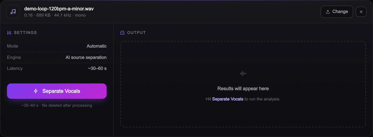 The Vocal Remover with a song loaded: the file card showing duration and sample rate, Mode set to Automatic, and the purple Separate Vocals button