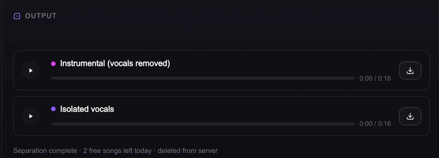 The two separation results as they appear in the tool: Instrumental (vocals removed) and Isolated vocals, each with a player and a download button