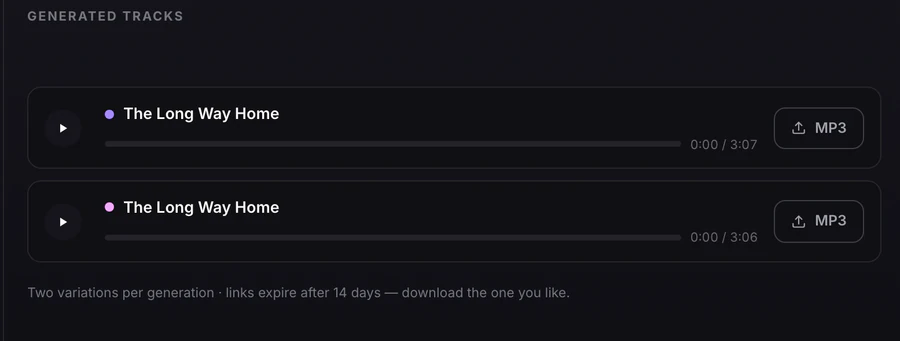 One generated variation as it appears in the tool, with its player and download button