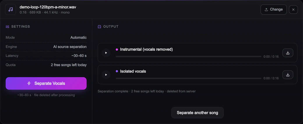 The Vocal Remover result screen: two finished players labelled Instrumental (vocals removed) and Isolated vocals, each with its own download button